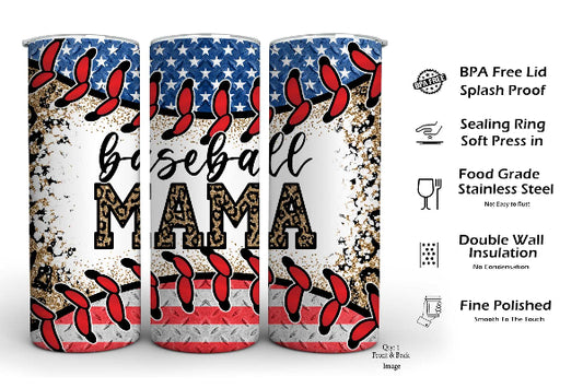 Baseball Mama Tumbler – American Flag Baseball Design, Patriotic Sports Mom Gift
