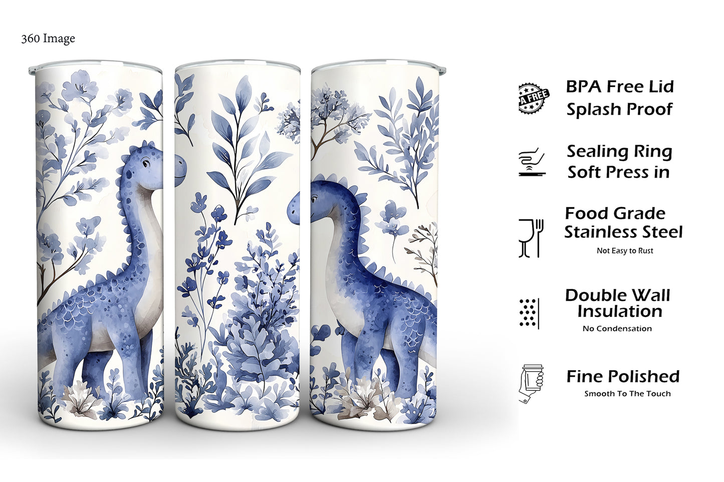 Blue Floral Dinosaur Tumbler – Cute Dinosaur Design | 20 oz Stainless Steel Travel Mug