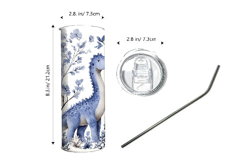 Blue Floral Dinosaur Tumbler – Cute Dinosaur Design | 20 oz Stainless Steel Travel Mug