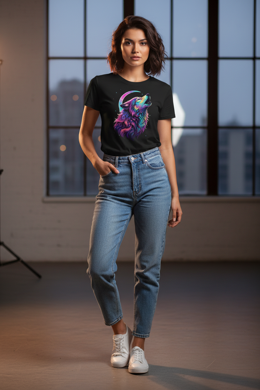 Women's Psychedelic Galaxy Wolf Black Graphic Tee