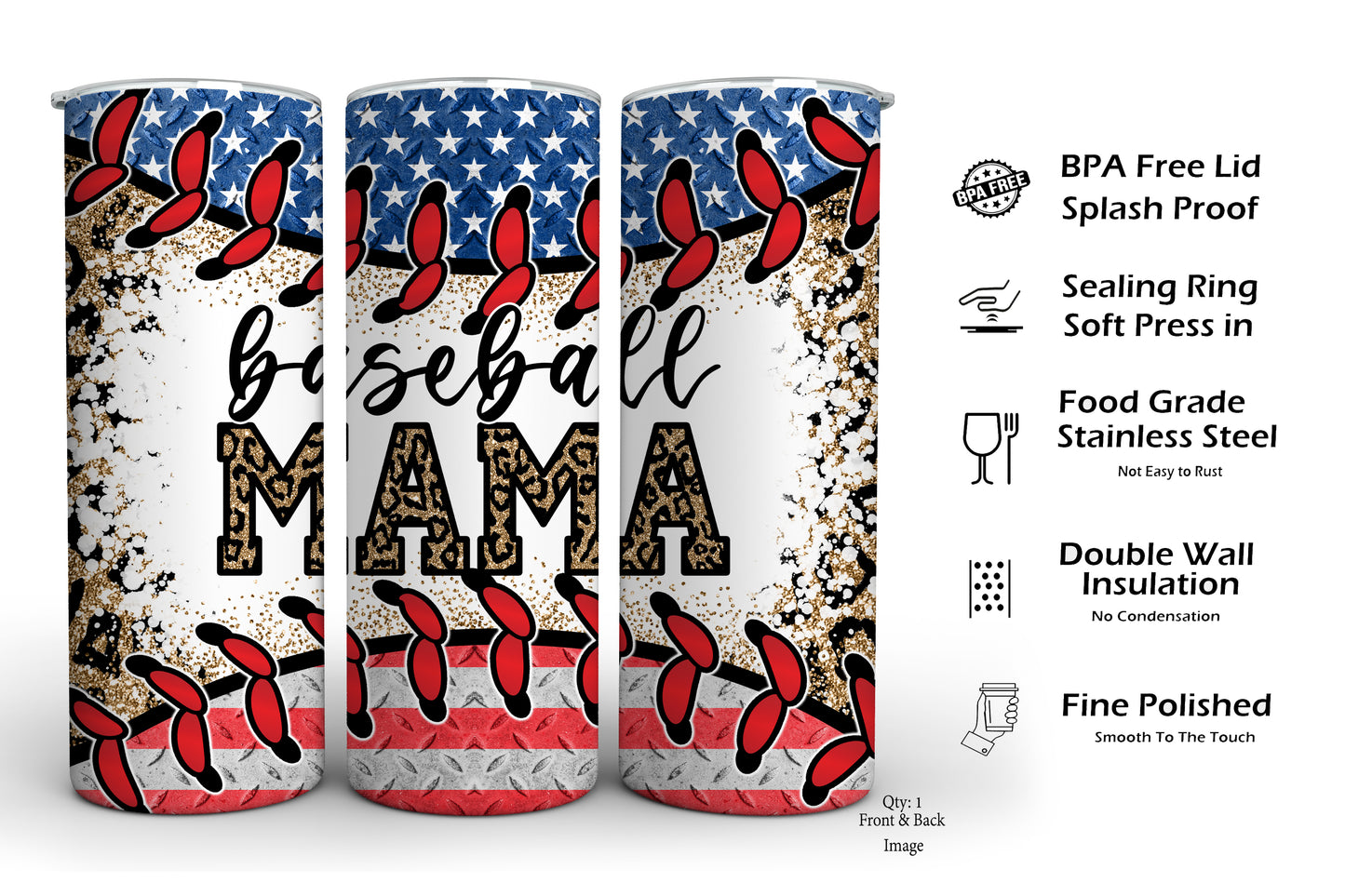 Baseball Mama Tumbler – American Flag Baseball Design, Patriotic Sports Mom Gift, Insulated Stainless Steel Cup