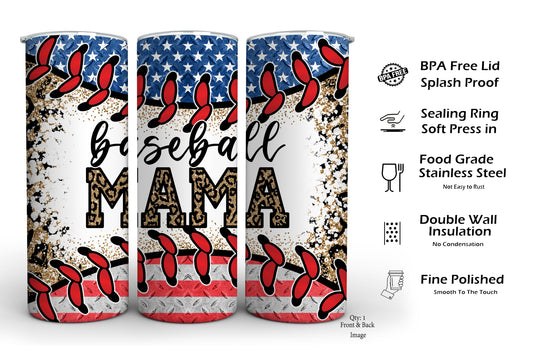 Baseball Mama Tumbler – American Flag Baseball Design, Patriotic Sports Mom Gift, Insulated Stainless Steel Cup