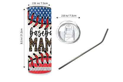 Baseball Mama Tumbler – American Flag Baseball Design, Patriotic Sports Mom Gift, Insulated Stainless Steel Cup