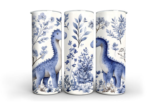 Blue Floral Dinosaur Tumbler – Cute Dinosaur Design |  20 oz Stainless Steel Travel Mug