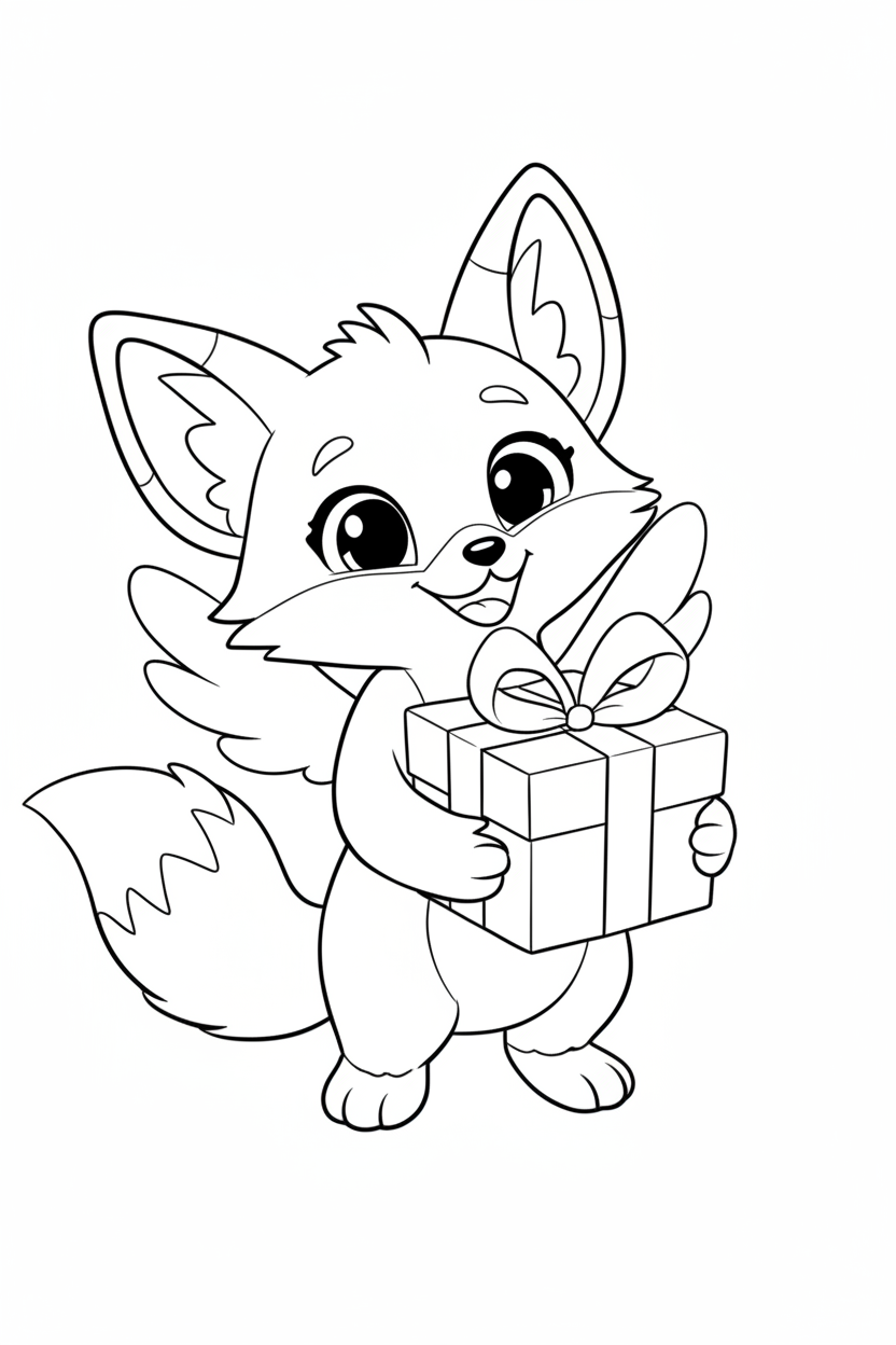 Coloring book style canvas print featuring cute fox with angel wings holding a gift box