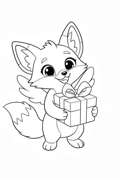 Coloring book style canvas print featuring cute fox with angel wings holding a gift box