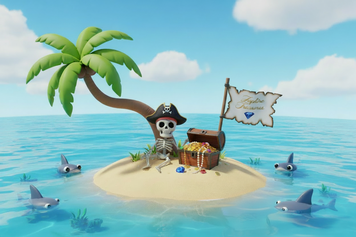 Zaphire Treasures island with treasure chest, skeleton and waving flag