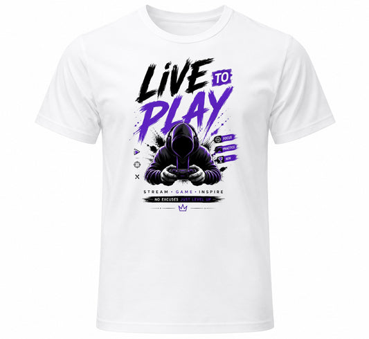 Live To Play white gamer graphic t-shirt with hooded controller silhouette