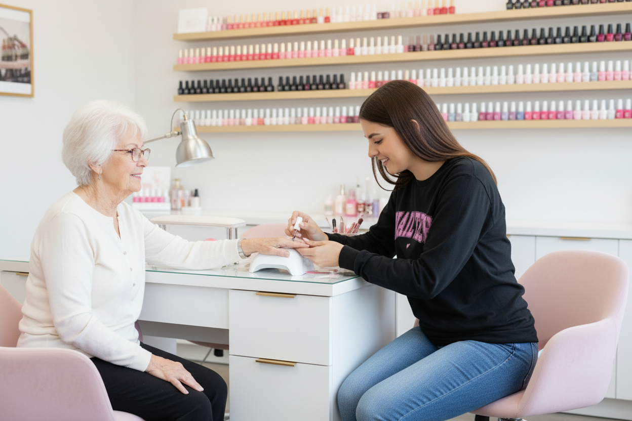 Woman getting a manicure in a nail salon with another woman assisting her.