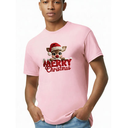 Person wearing a pink t-shirt with a Christmas-themed design on a white background