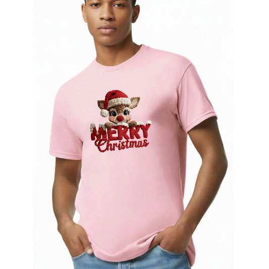 Person wearing a pink t-shirt with a Christmas-themed design on a white background