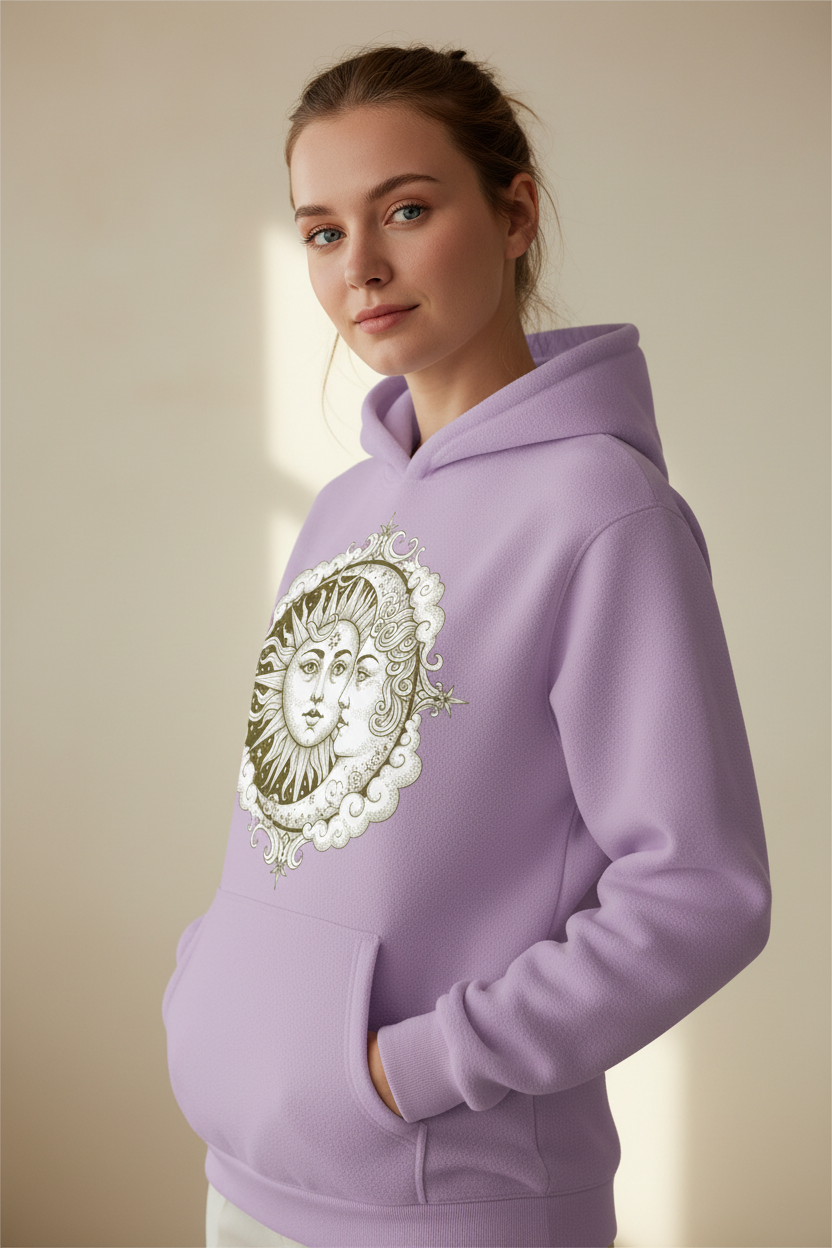 Celestial Sun & Moon Vintage Hoodie | Lilac Unisex Pullover